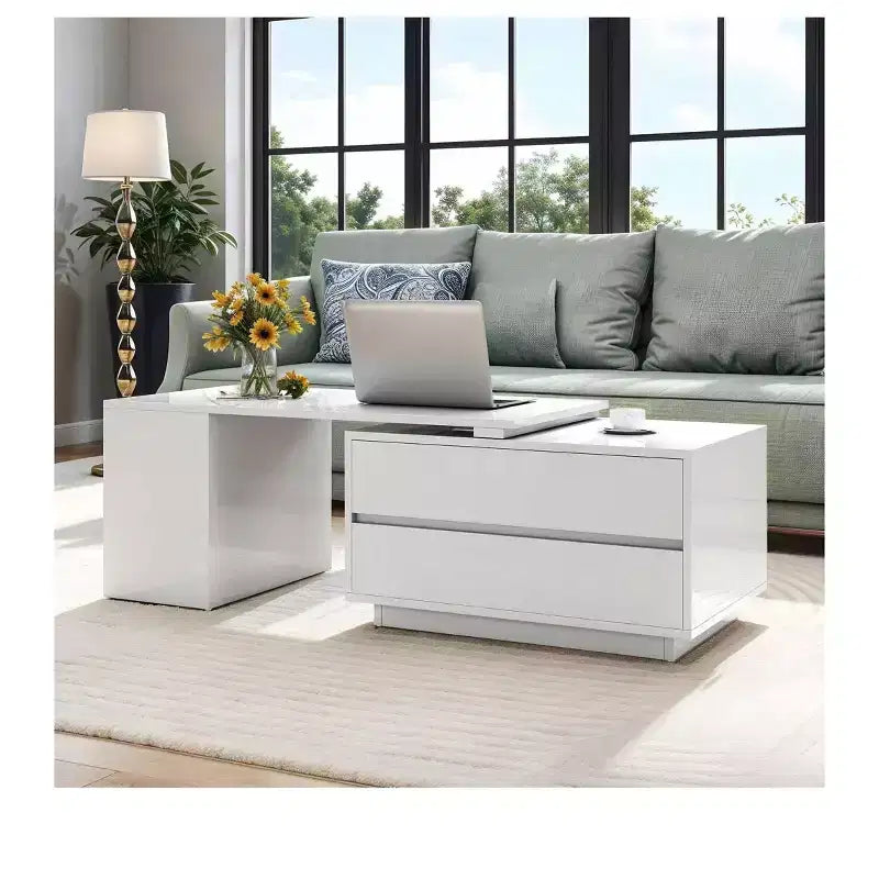 Convertible Extendable LED Coffee Table with 4 Storage Drawers and Open Shelves, White