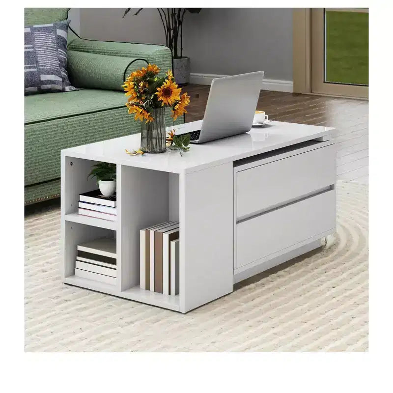 Convertible Extendable LED Coffee Table with 4 Storage Drawers and Open Shelves, White