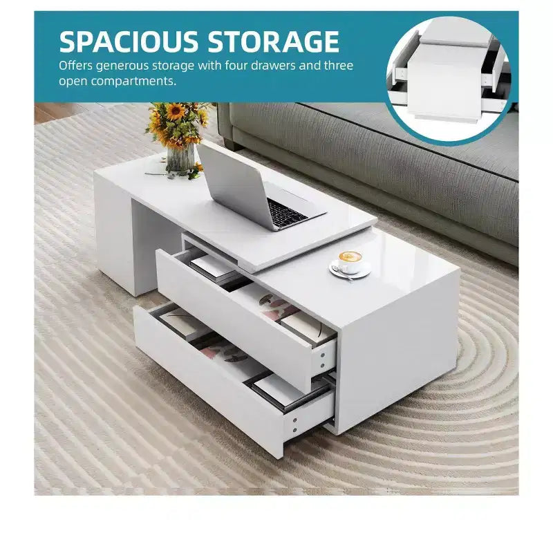 Convertible Extendable LED Coffee Table with 4 Storage Drawers and Open Shelves, White