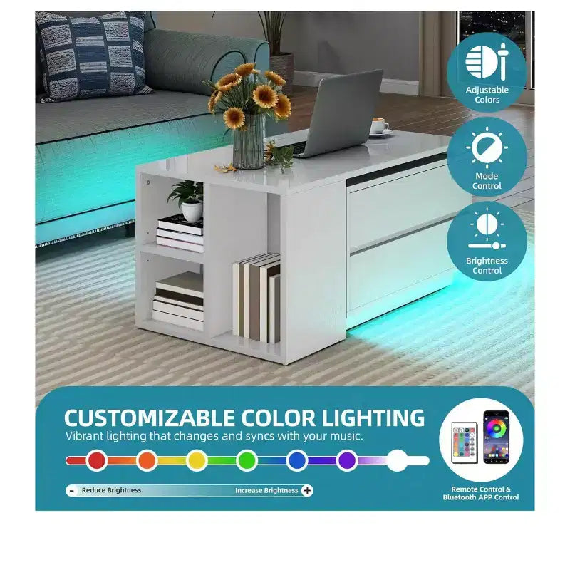 Convertible Extendable LED Coffee Table with 4 Storage Drawers and Open Shelves, White