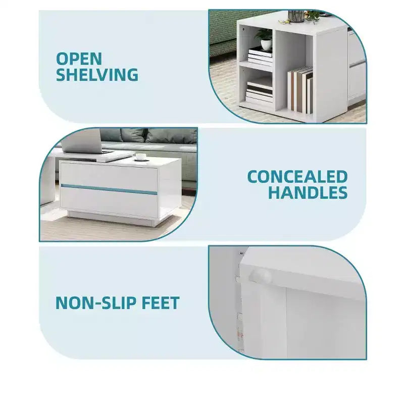 Convertible Extendable LED Coffee Table with 4 Storage Drawers and Open Shelves, White