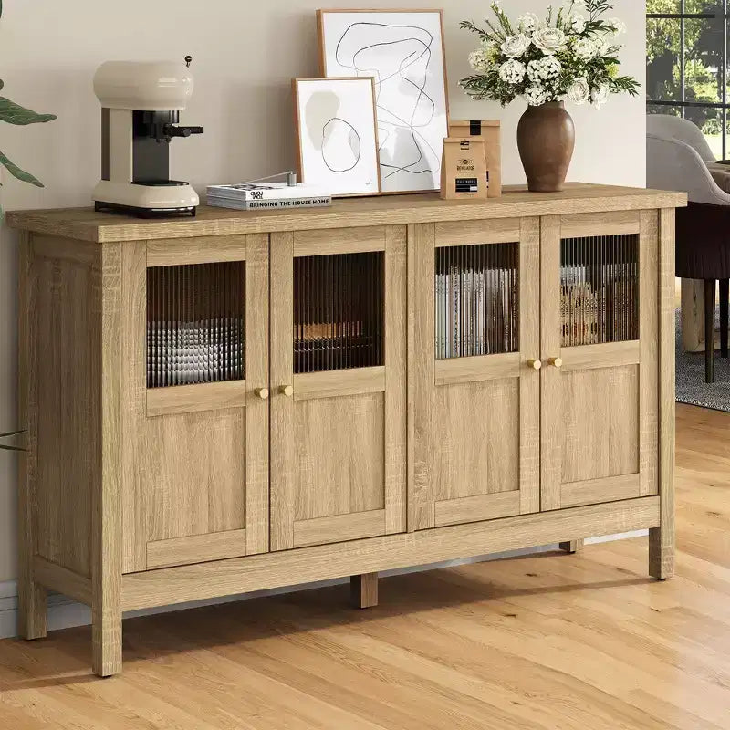 55 in. Sideboard Buffet Cabinet with Acrylic Accents and Adjustable Shelves, Wood Credenza