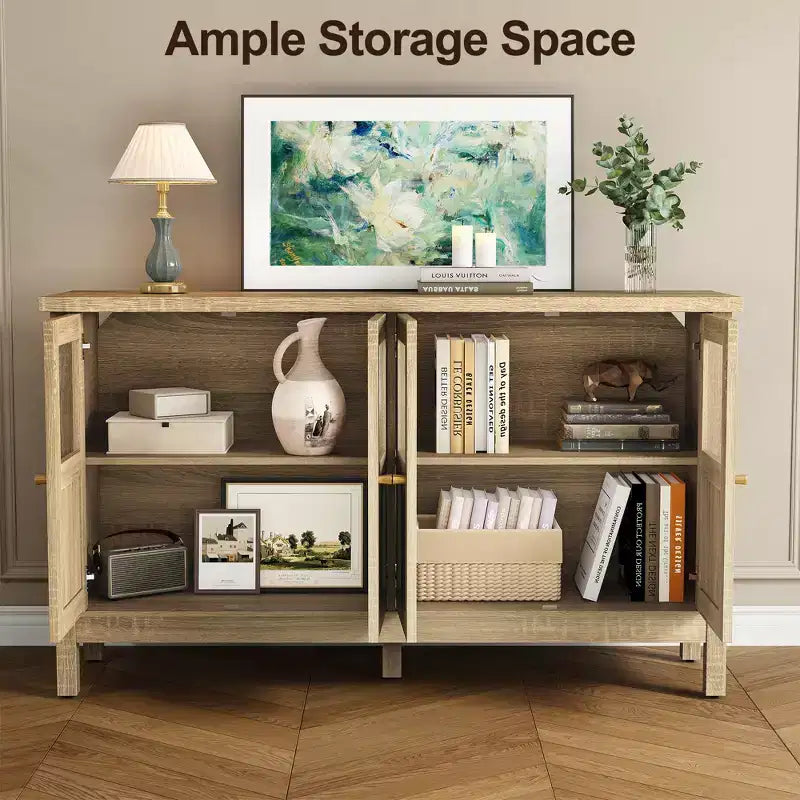 55 in. Sideboard Buffet Cabinet with Acrylic Accents and Adjustable Shelves, Wood Credenza