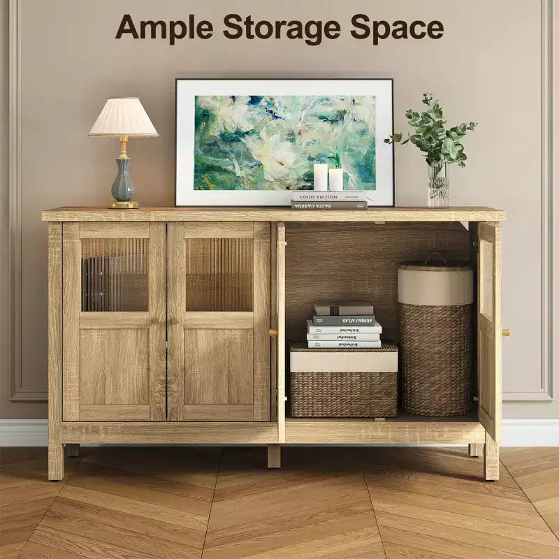 55 in. Sideboard Buffet Cabinet with Acrylic Accents and Adjustable Shelves, Wood Credenza