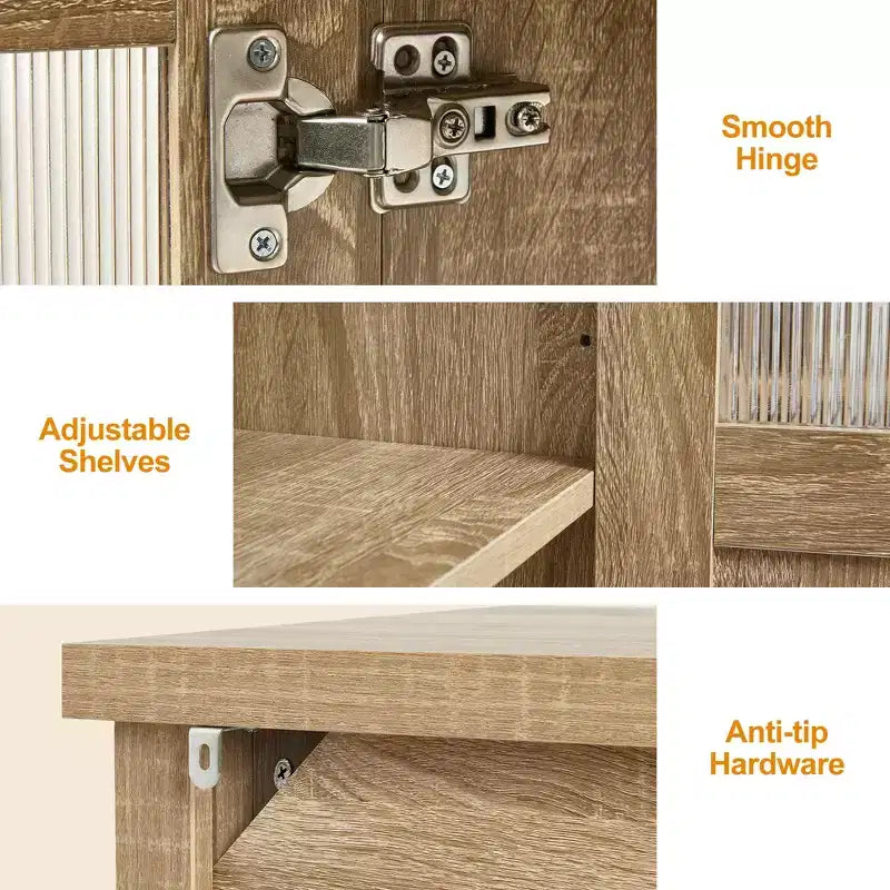 55 in. Sideboard Buffet Cabinet with Acrylic Accents and Adjustable Shelves, Wood Credenza