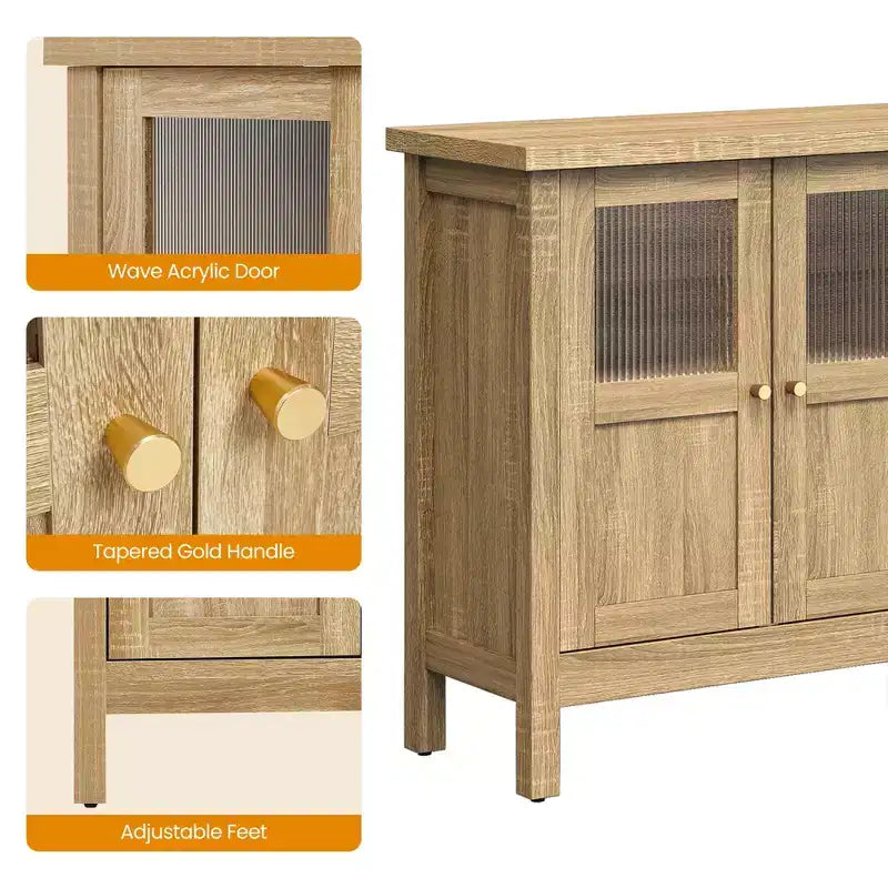 55 in. Sideboard Buffet Cabinet with Acrylic Accents and Adjustable Shelves, Wood Credenza