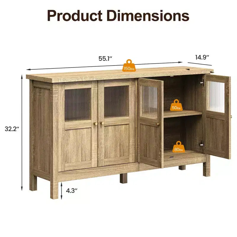 55 in. Sideboard Buffet Cabinet with Acrylic Accents and Adjustable Shelves, Wood Credenza