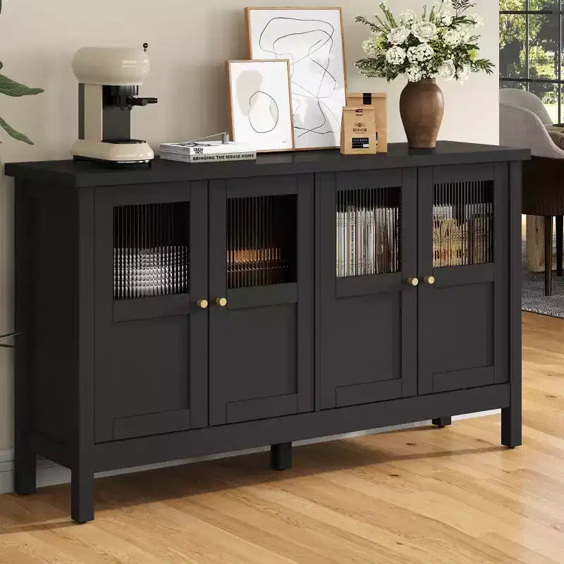 55 in. Sideboard Buffet Cabinet with Acrylic Accents and Adjustable Shelves, Wood Credenza
