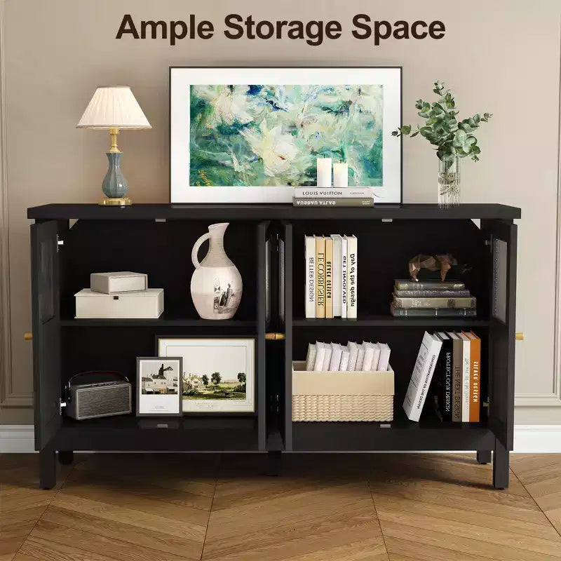 55 in. Sideboard Buffet Cabinet with Acrylic Accents and Adjustable Shelves, Wood Credenza
