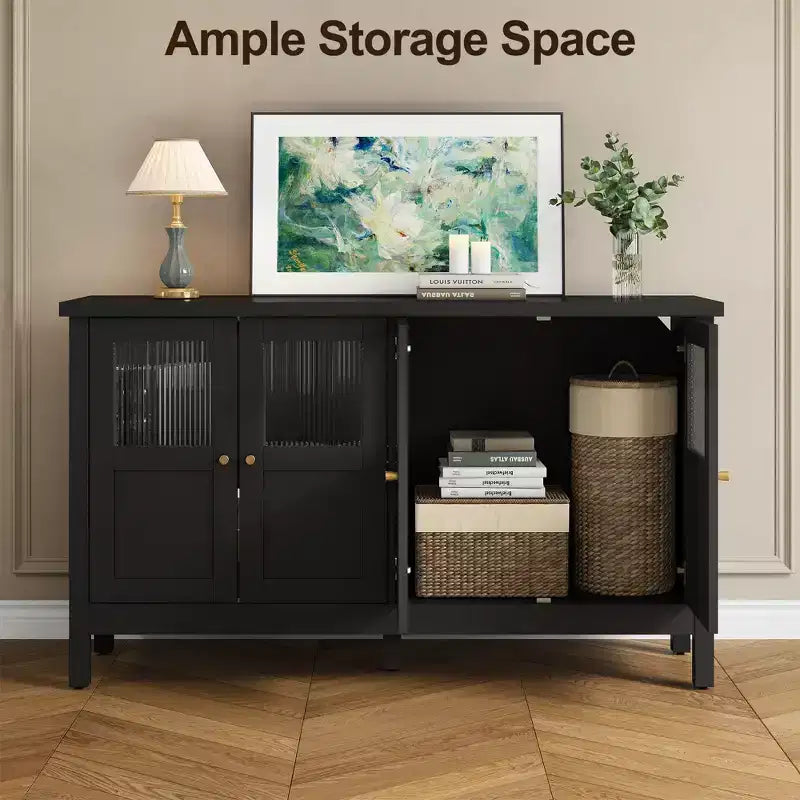 55 in. Sideboard Buffet Cabinet with Acrylic Accents and Adjustable Shelves, Wood Credenza