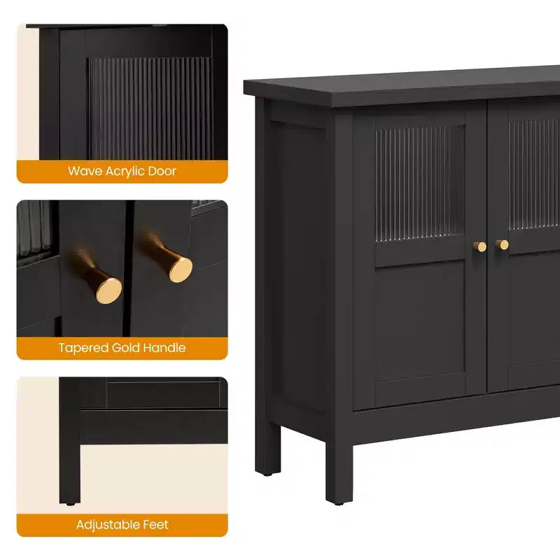 55 in. Sideboard Buffet Cabinet with Acrylic Accents and Adjustable Shelves, Wood Credenza