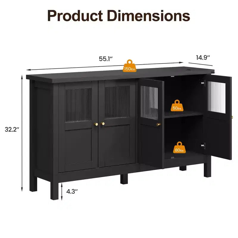 55 in. Sideboard Buffet Cabinet with Acrylic Accents and Adjustable Shelves, Wood Credenza