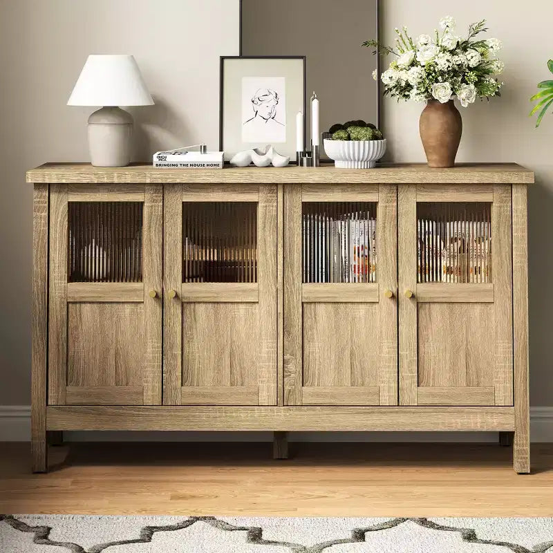 55 in. Sideboard Buffet Cabinet with Acrylic Accents and Adjustable Shelves, Wood Credenza
