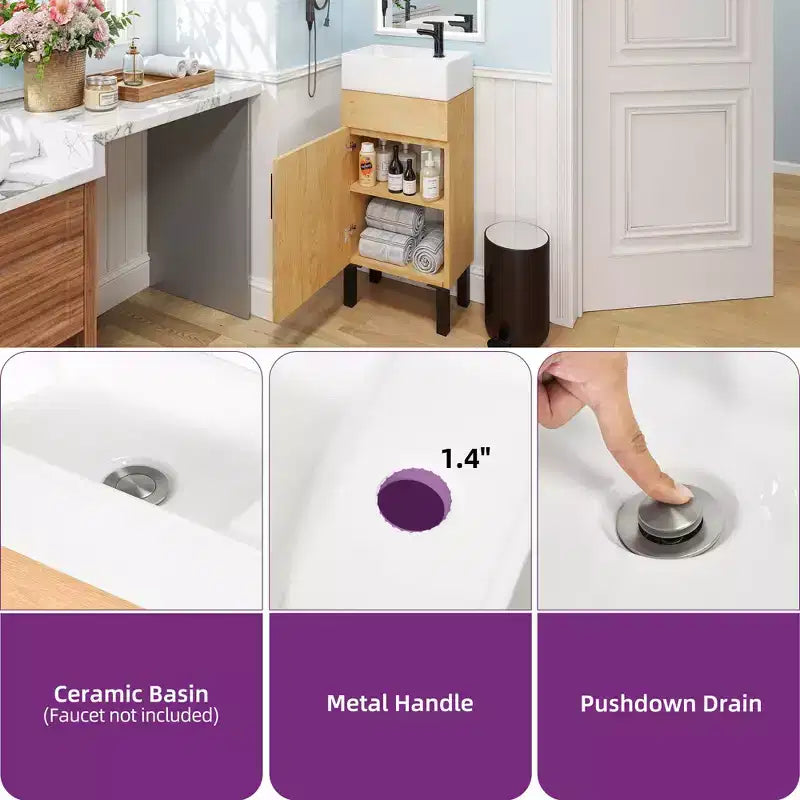 16 in Small Bathroom Vanity Organizer Storage Cabinet w/ Shelves Basin Sink Hooks
