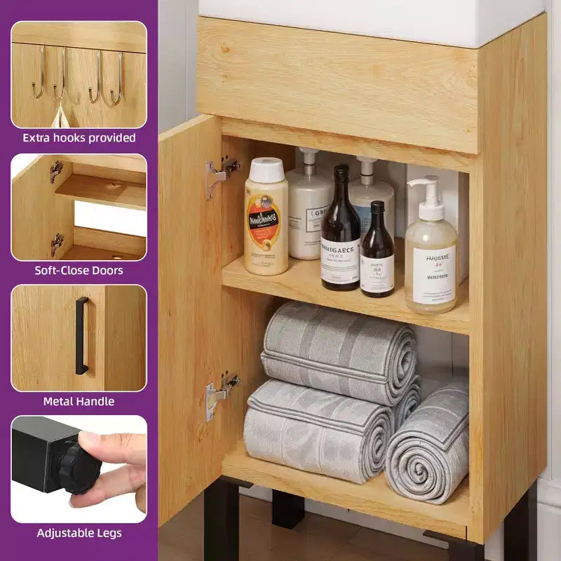 16 in Small Bathroom Vanity Organizer Storage Cabinet w/ Shelves Basin Sink Hooks