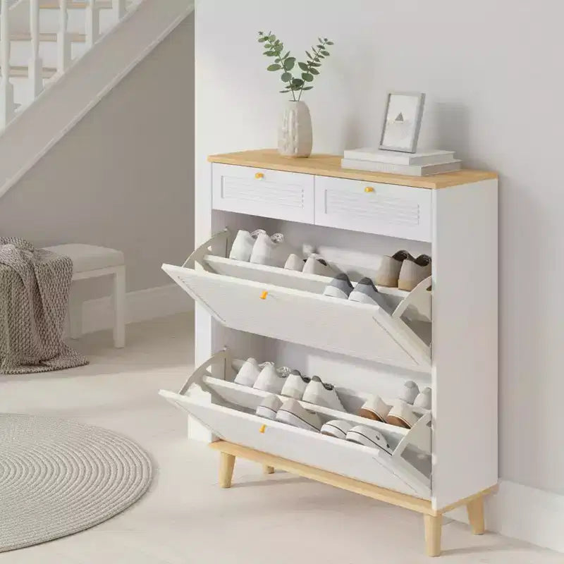 Homy Casa Shoe Storage Cabinet with 2 Flip Drawers and 2 Top Drawers for Entryway or Bedroom, Oak White