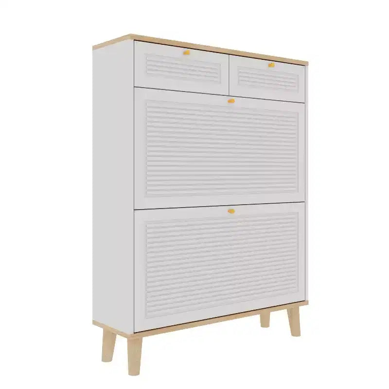 Shoe Storage Cabinet with 2 Flip Drawers and 2 Top Drawers for Entryway or Bedroom, Oak White