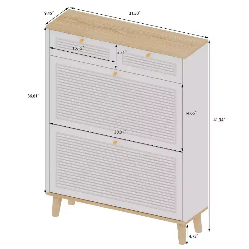 Shoe Storage Cabinet with 2 Flip Drawers and 2 Top Drawers for Entryway or Bedroom, Oak White