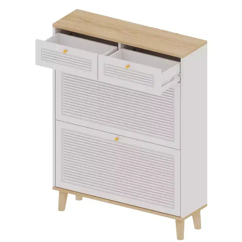 Shoe Storage Cabinet with 2 Flip Drawers and 2 Top Drawers for Entryway or Bedroom, Oak White