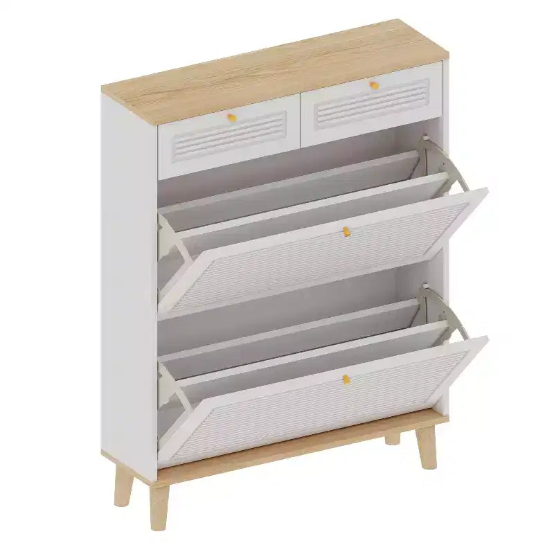Shoe Storage Cabinet with 2 Flip Drawers and 2 Top Drawers for Entryway or Bedroom, Oak White