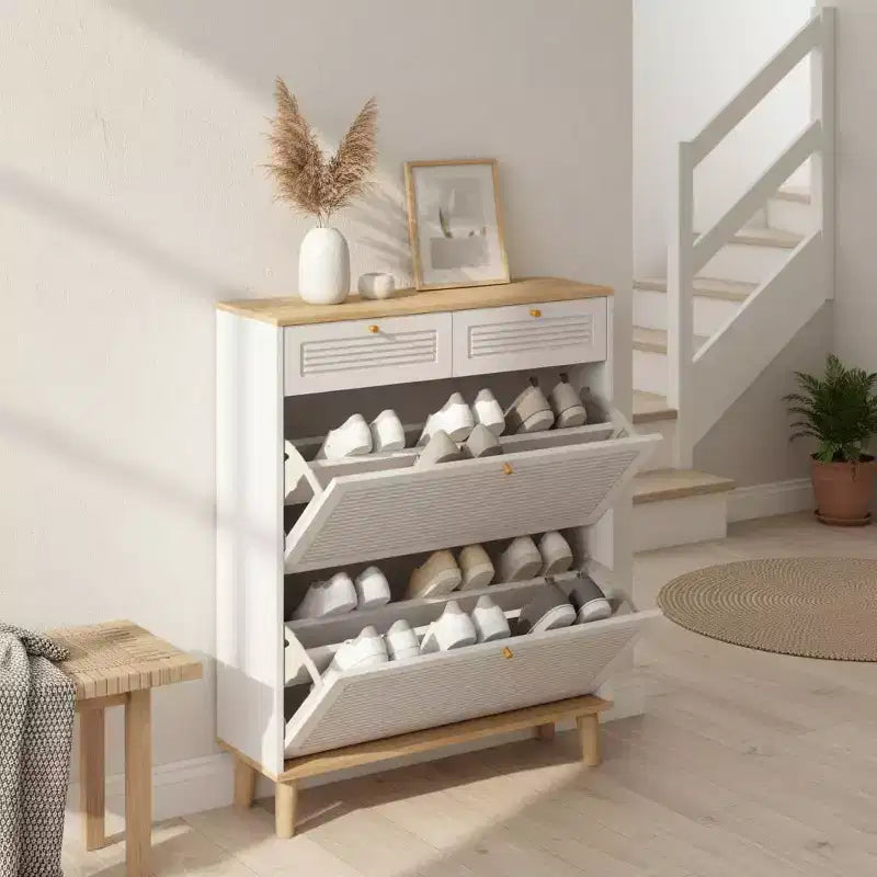 Shoe Storage Cabinet with 2 Flip Drawers and 2 Top Drawers for Entryway or Bedroom, Oak White