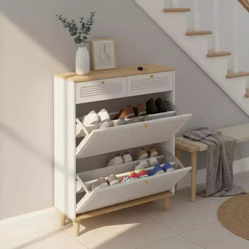 Shoe Storage Cabinet with 2 Flip Drawers and 2 Top Drawers for Entryway or Bedroom, Oak White