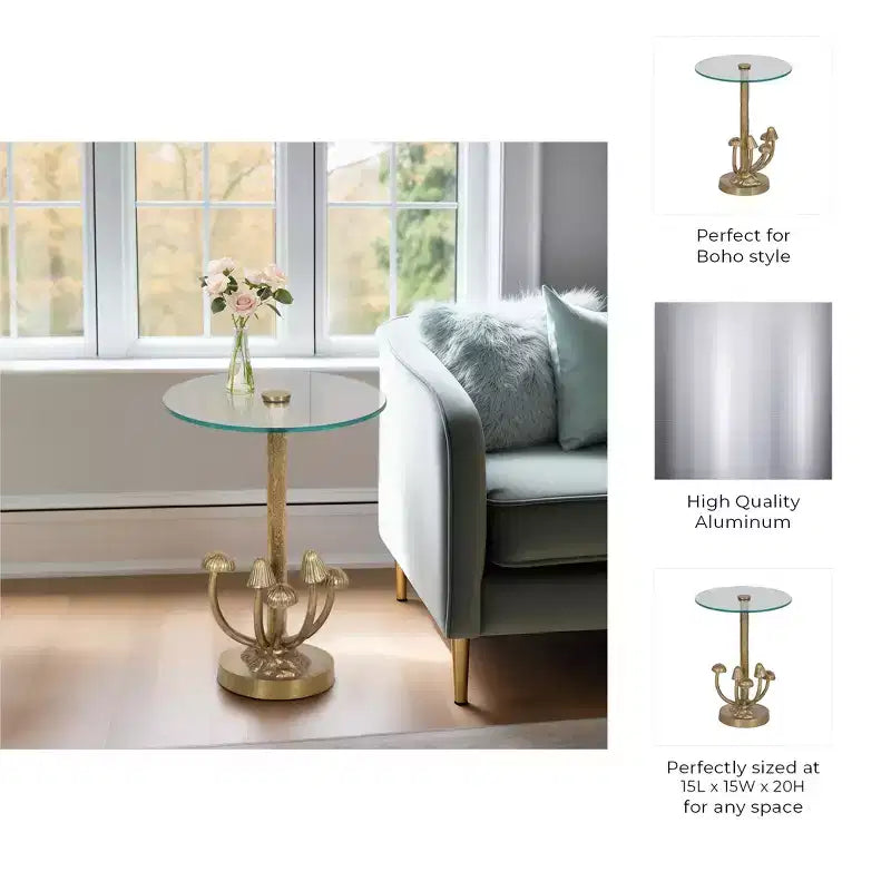 Accent Table Metal Aluminum Tempered Glass Mushroom Base Finish Round Top for Home Office Bedroom Living Room Decor - 20 Gold