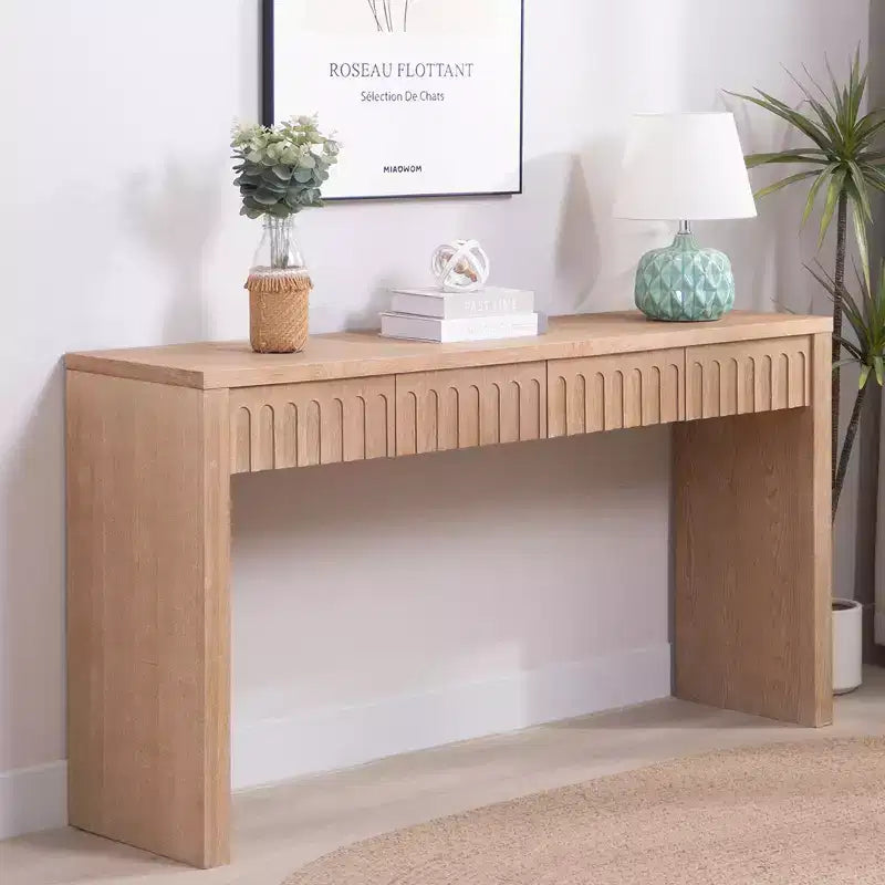 59.2 in. Farmhouse Console Table with 4 Hidden Drawers, Arched Decoration, Accent Table for Living Room, Hallway