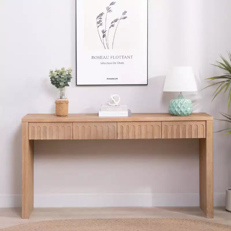 Okak 59.2IN Farmhouse Console Table with 4 Hidden Drawers, Entryway Table with Arched Decoration, Accent Table for Living Room, Hallway