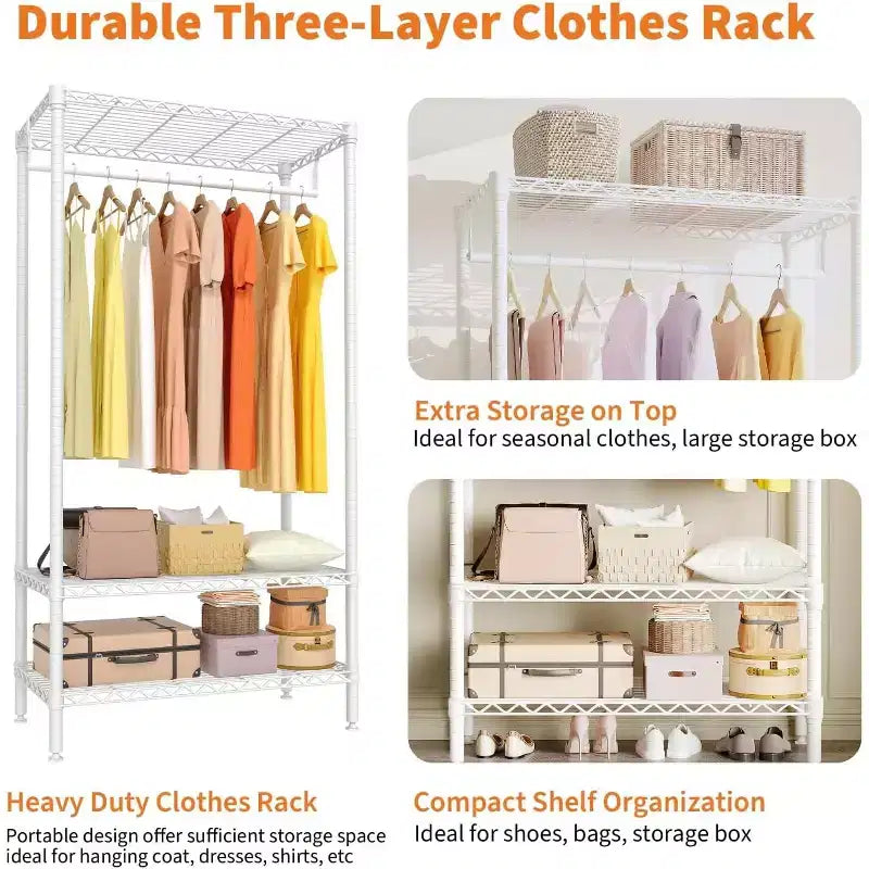 Freestanding Garment Rack, 3-Tier Clothing Rack with Hanging Rod, 660LBS Capacity Metal Wardrobe Storage Organizer