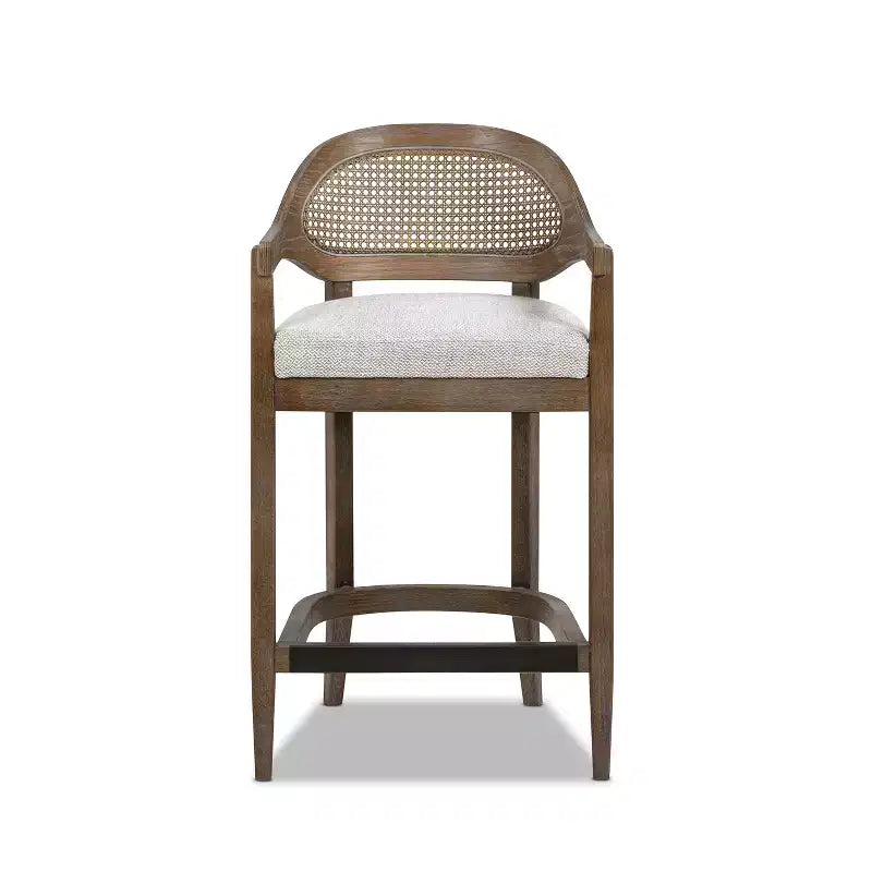 Mid-Century Modern 26 in. Cane Back Counter Stool, Two-Tone Neutral Gray Wool Blend