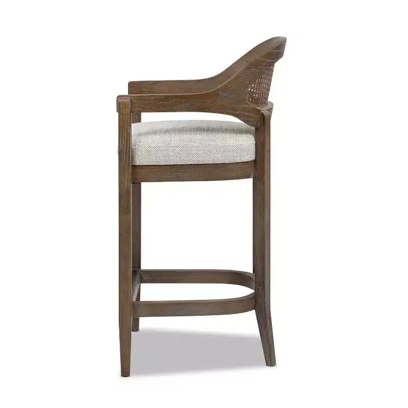Mid-Century Modern 26 in. Cane Back Counter Stool, Two-Tone Neutral Gray Wool Blend