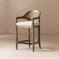 Mid-Century Modern 26 in. Cane Back Counter Stool, Two-Tone Neutral Gray Wool Blend