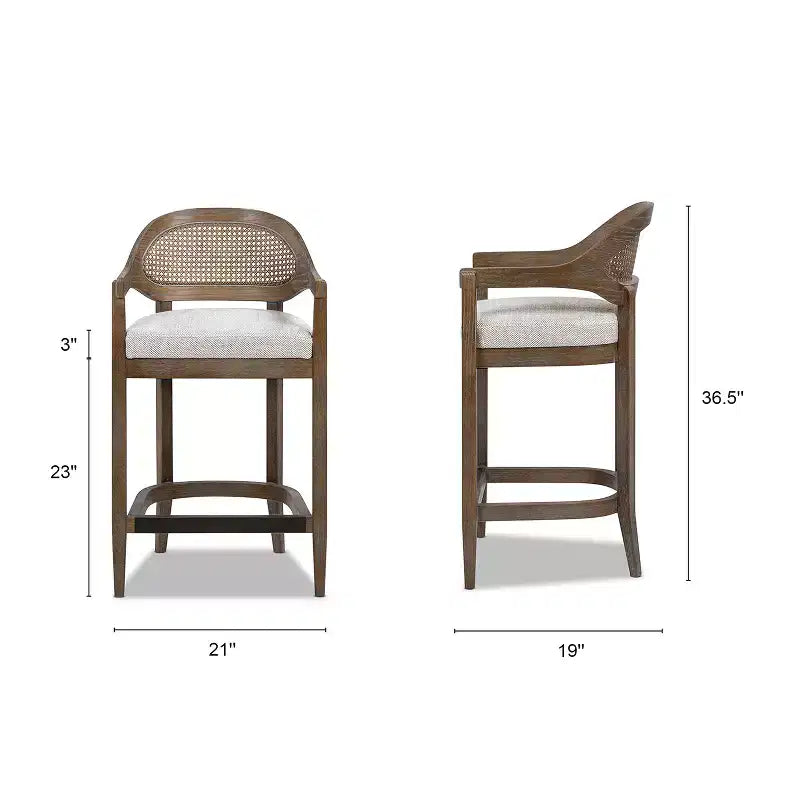 Mid-Century Modern 26 in. Cane Back Counter Stool, Two-Tone Neutral Gray Wool Blend