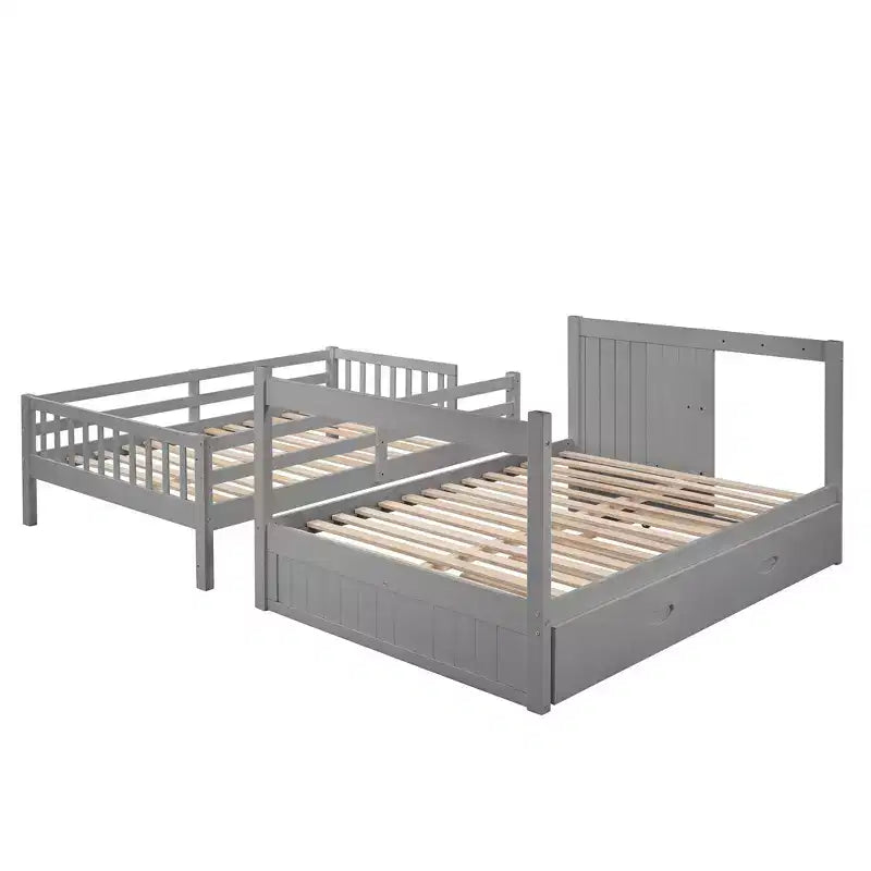 Full over Full Bunk Bed with Stairs and Storage Wood Bunk Bed frame with Trundle and Drawers, Gray