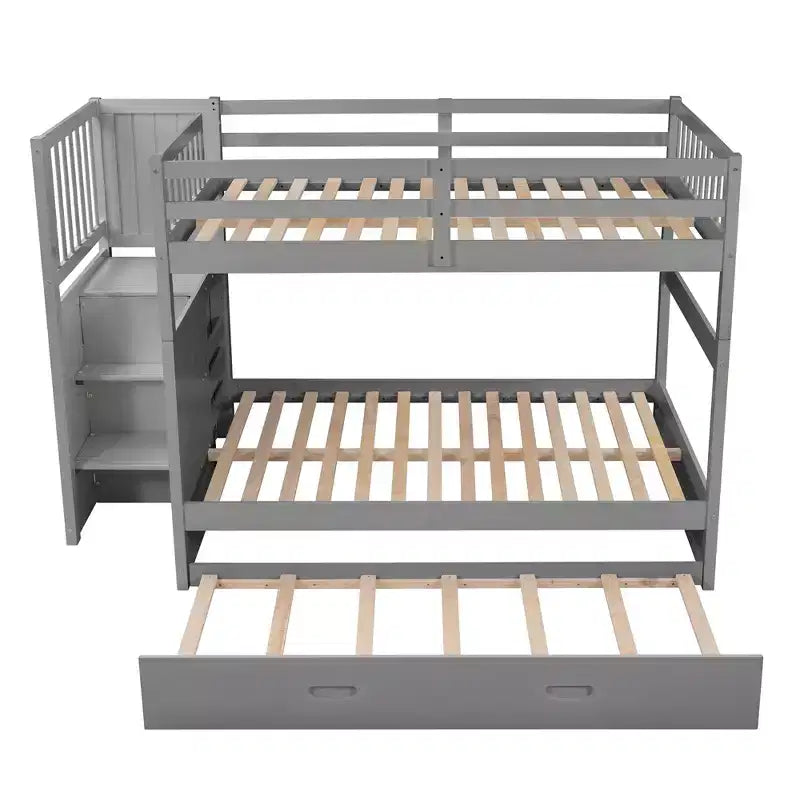 Full over Full Bunk Bed with Stairs and Storage Wood Bunk Bed frame with Trundle and Drawers, Gray