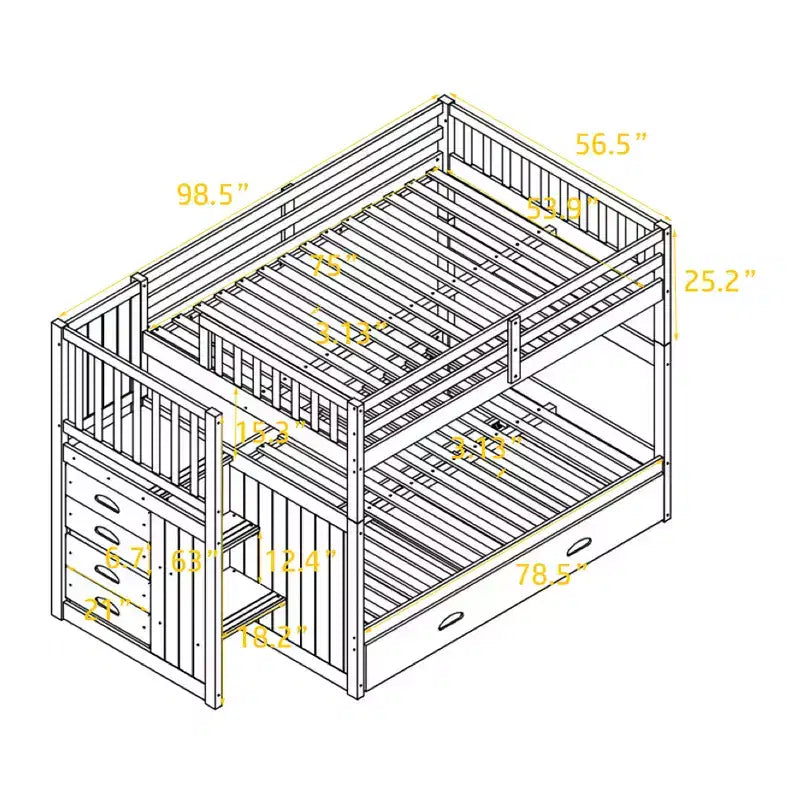 Full over Full Bunk Bed with Stairs and Storage Wood Bunk Bed frame with Trundle and Drawers, Gray