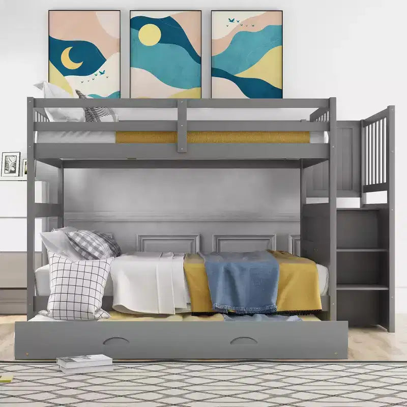 Full over Full Bunk Bed with Stairs and Storage Wood Bunk Bed frame with Trundle and Drawers, Gray