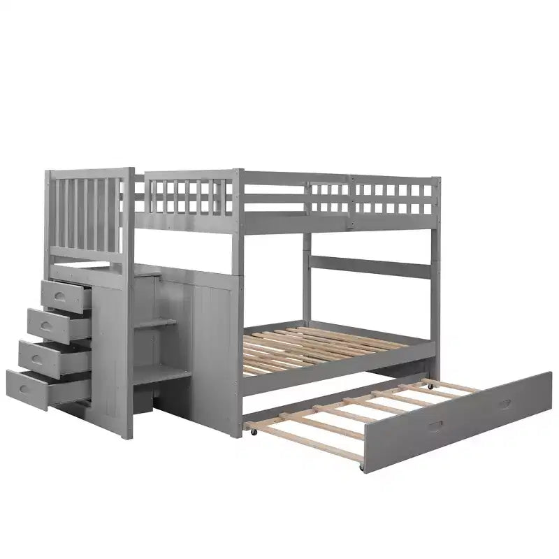 Full over Full Bunk Bed with Stairs and Storage Wood Bunk Bed frame with Trundle and Drawers, Gray