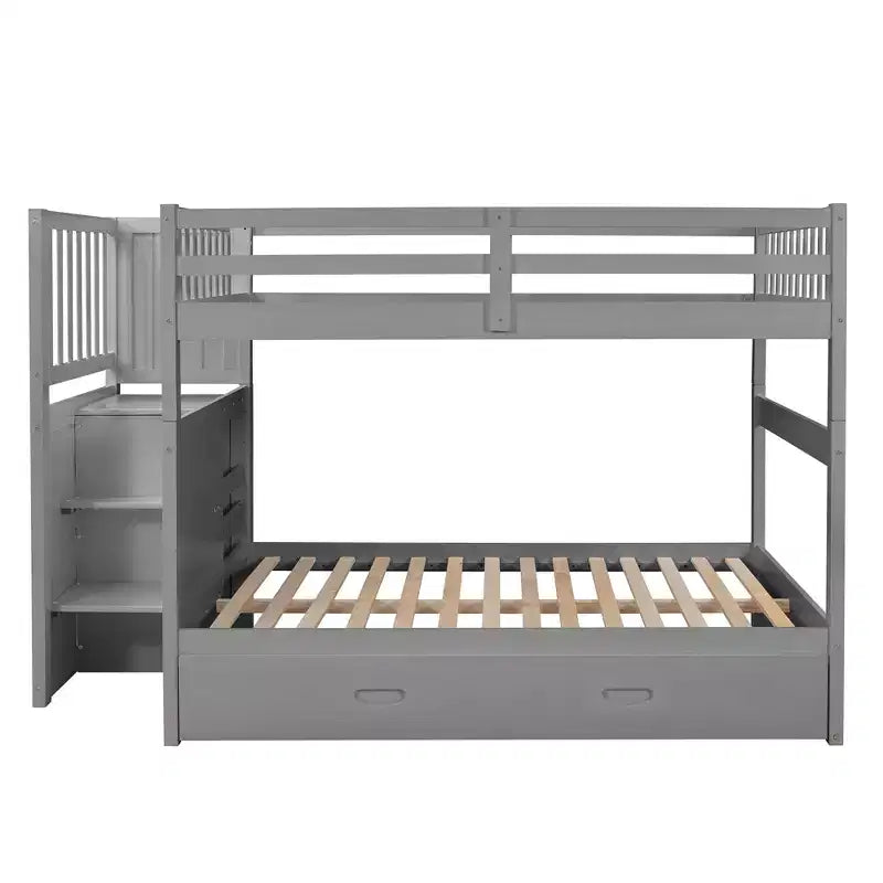 Full over Full Bunk Bed with Stairs and Storage Wood Bunk Bed frame with Trundle and Drawers, Gray