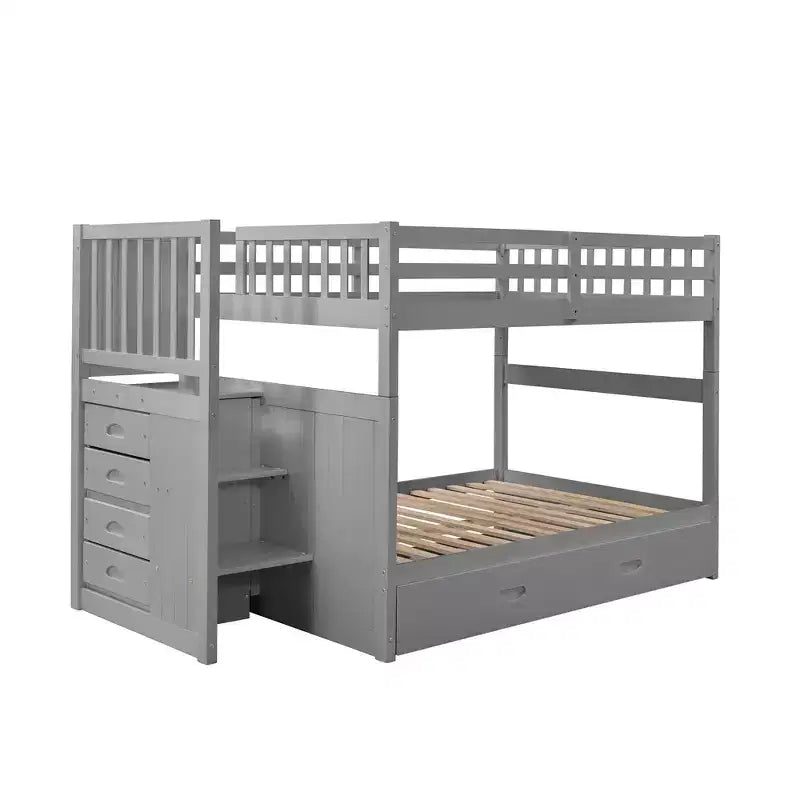 Full over Full Bunk Bed with Stairs and Storage Wood Bunk Bed frame with Trundle and Drawers, Gray