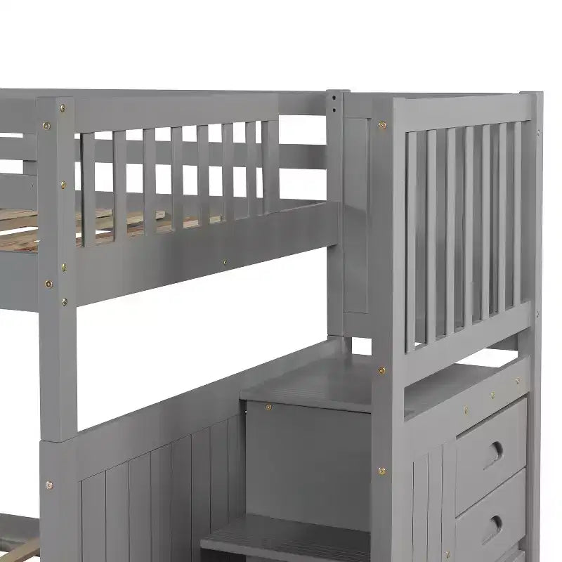 Full over Full Bunk Bed with Stairs and Storage Wood Bunk Bed frame with Trundle and Drawers, Gray