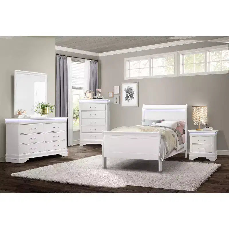 47 in. H Twin Size White Bed Frame with Headboard, LED Accent Lighting