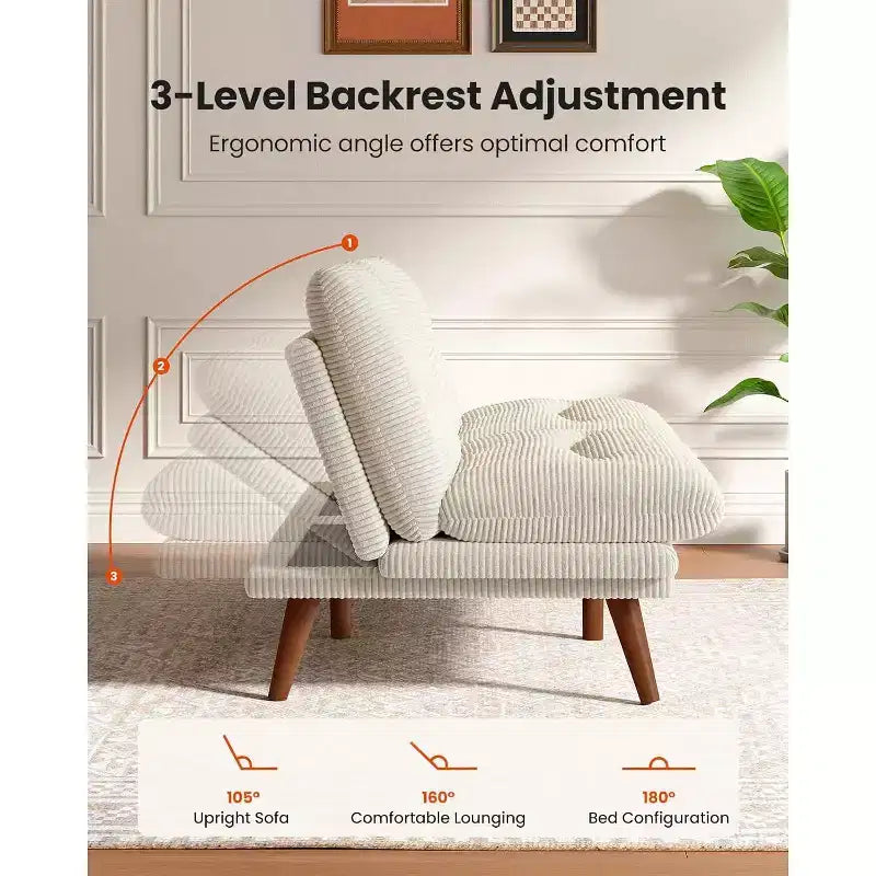 Futon Sofa Bed, Futon Couch Adjustable Backrest Armrests White