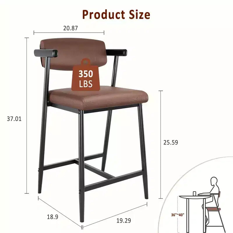 Set of 2 Upholstered Bar Stools with Armrest and Thickened Cushion, Industrial Style for Dining Room and Kitchen