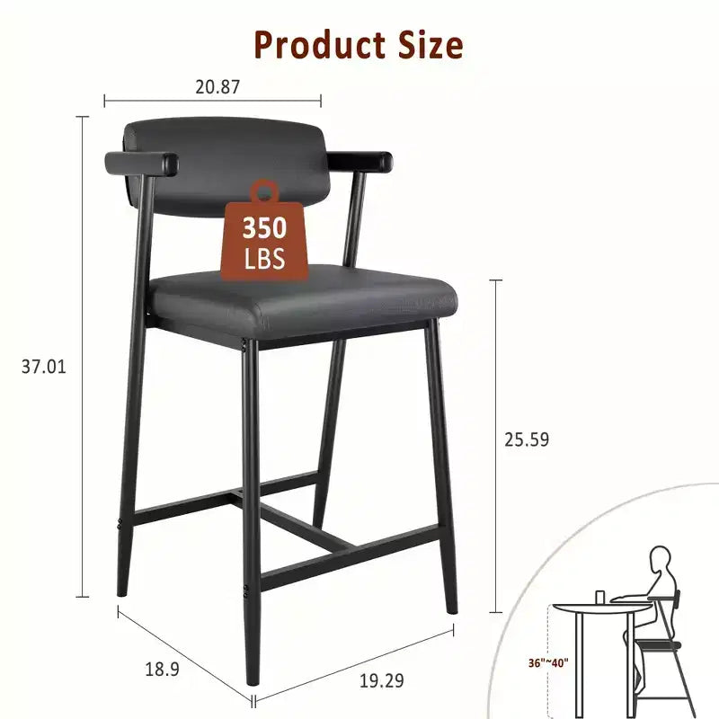Set of 2 Upholstered Bar Stools with Armrest and Thickened Cushion, Industrial Style for Dining Room and Kitchen