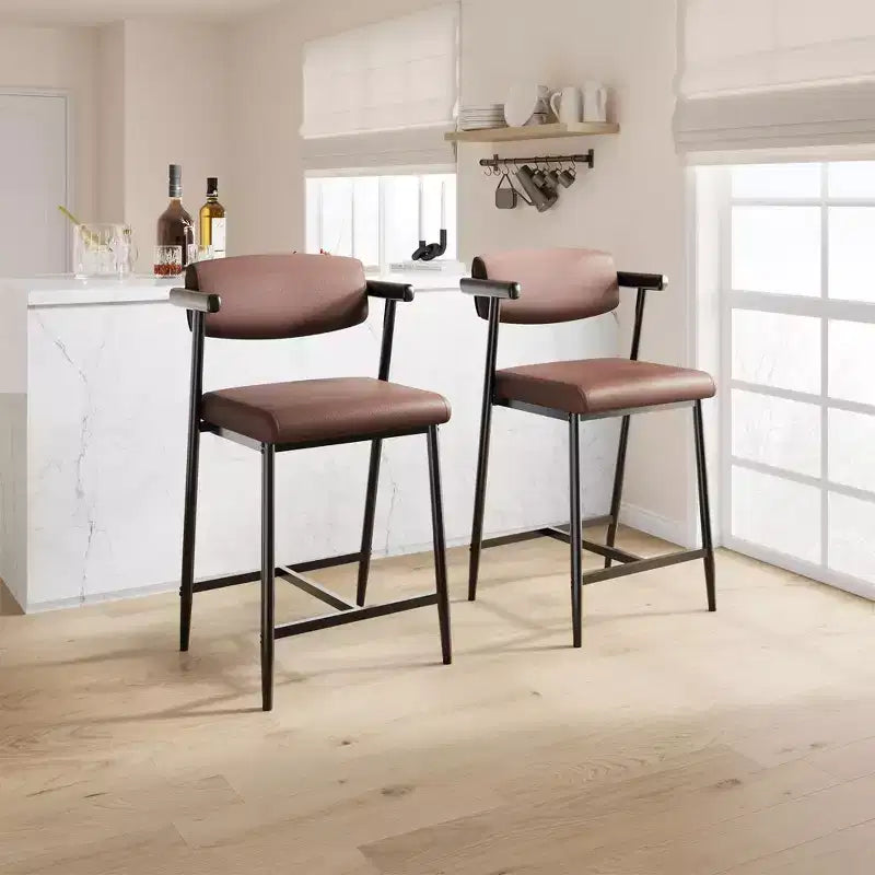 Set of 2 Upholstered Bar Stools with Armrest and Thickened Cushion, Industrial Style for Dining Room and Kitchen