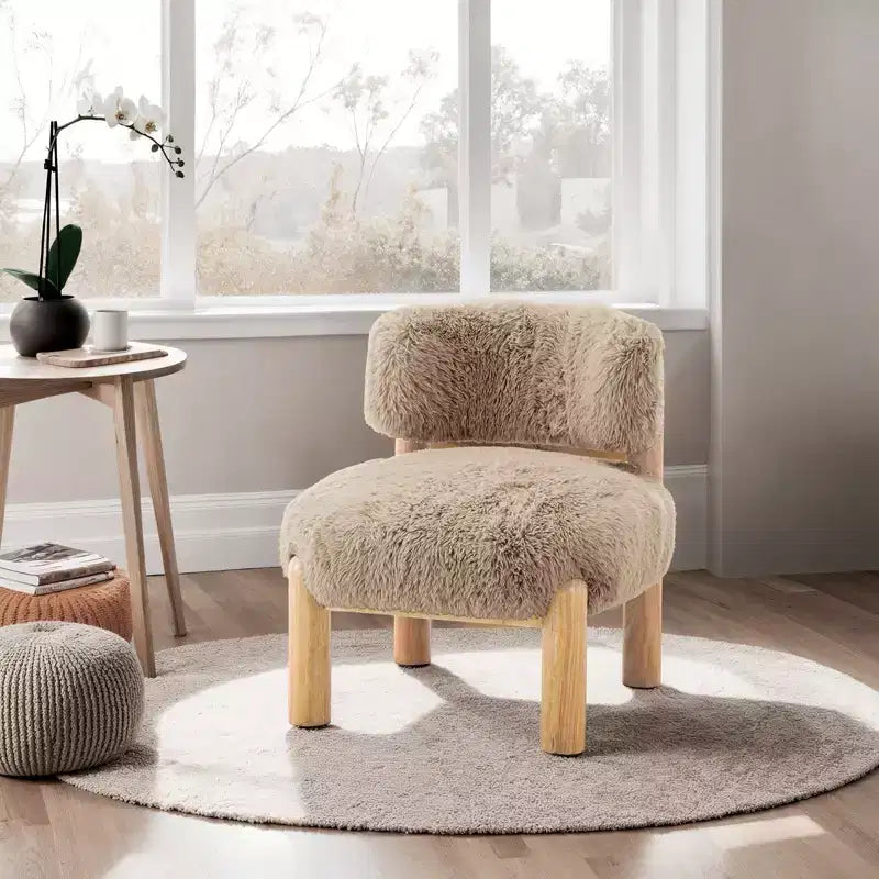 Modern Faux Fur Accent Chair with Wooden Legs