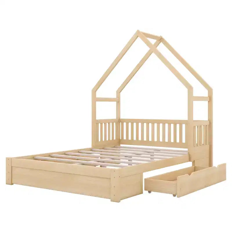 Queen Size House Platform Bed with 2 Storage Drawers, Wood Kids Bed Frame with Shelves and Guardrail