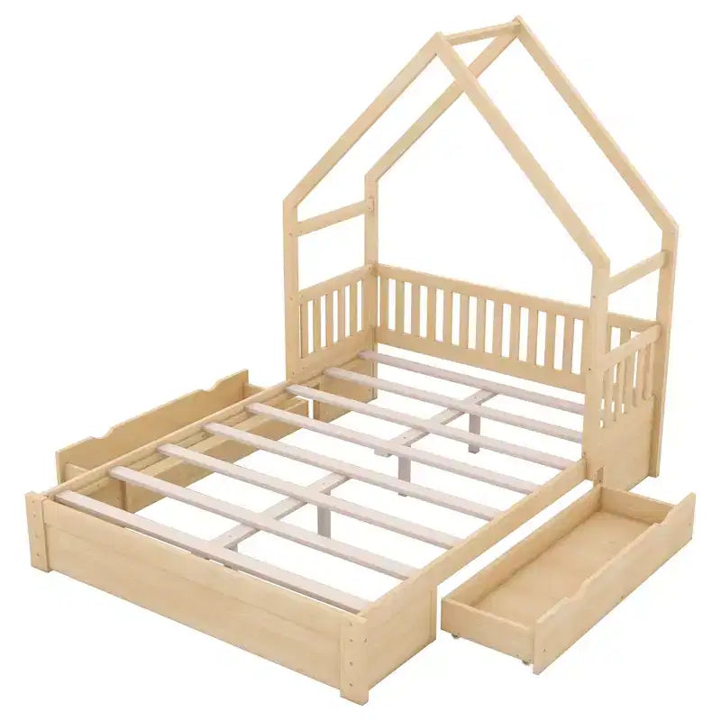 Queen Size House Platform Bed with 2 Storage Drawers, Wood Kids Bed Frame with Shelves and Guardrail